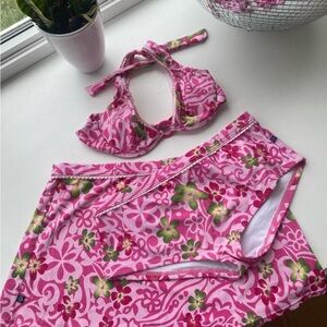 Pink Floral Bikini Set With Matching Skirt Y2K Vintage Bikini 3 Piece Outfit